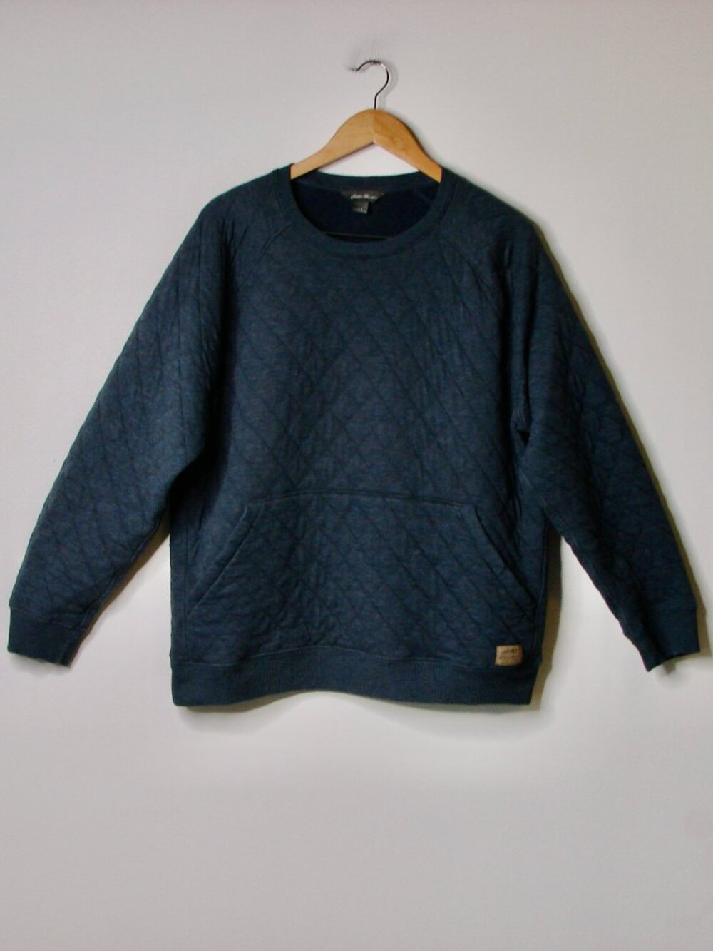 Eddie Bauer Quilted Crewneck Pullover Sweatshirt Top Blue Front Pocket Large
